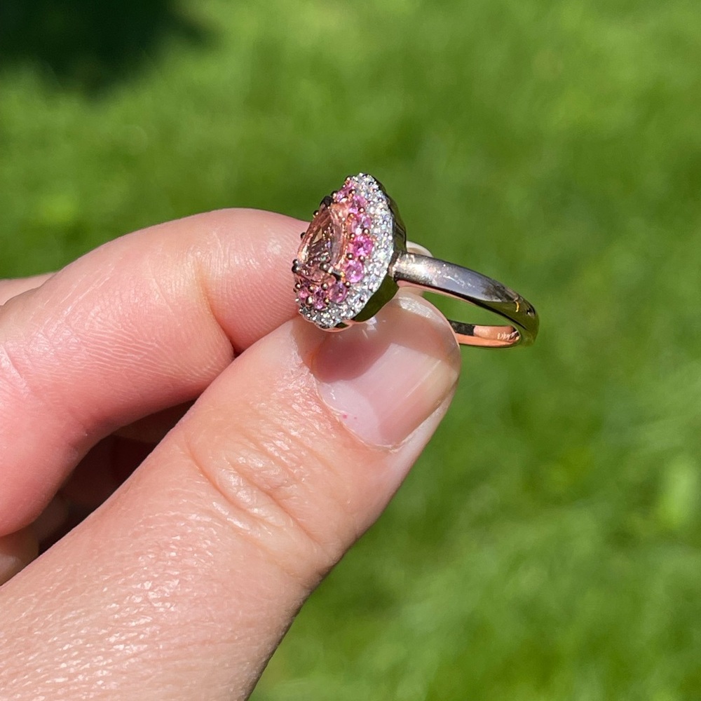 Pink morganite, pink sapphire and Moissanite halo Ring - Picture 3 of 7